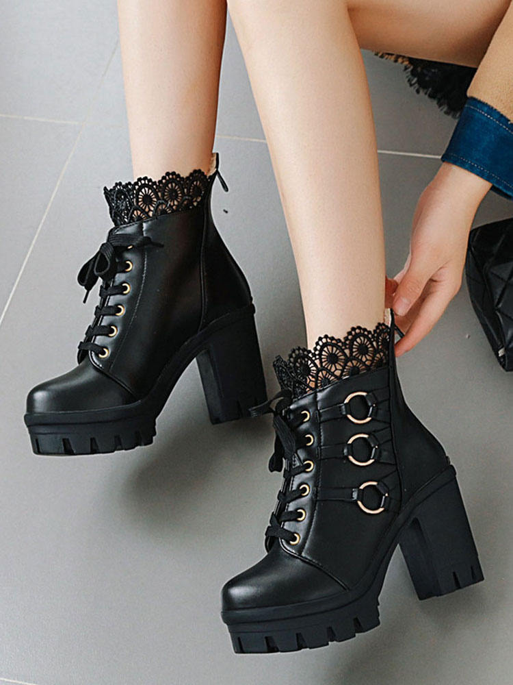 Costumes Lolita | Sweet Lolita Boots Black Lace Round Toe Leather Chunky Heel Lolita Footwear - SU12637