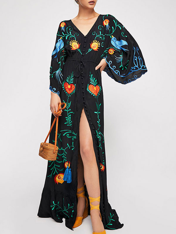 Mode Femme Robes | Robe Longue de Bohème Broderie Fleurie à Col V avec Manches Longues Volantes Coupe Cintrée avec Fente Robe de Plage Robe Maxi - MO68765