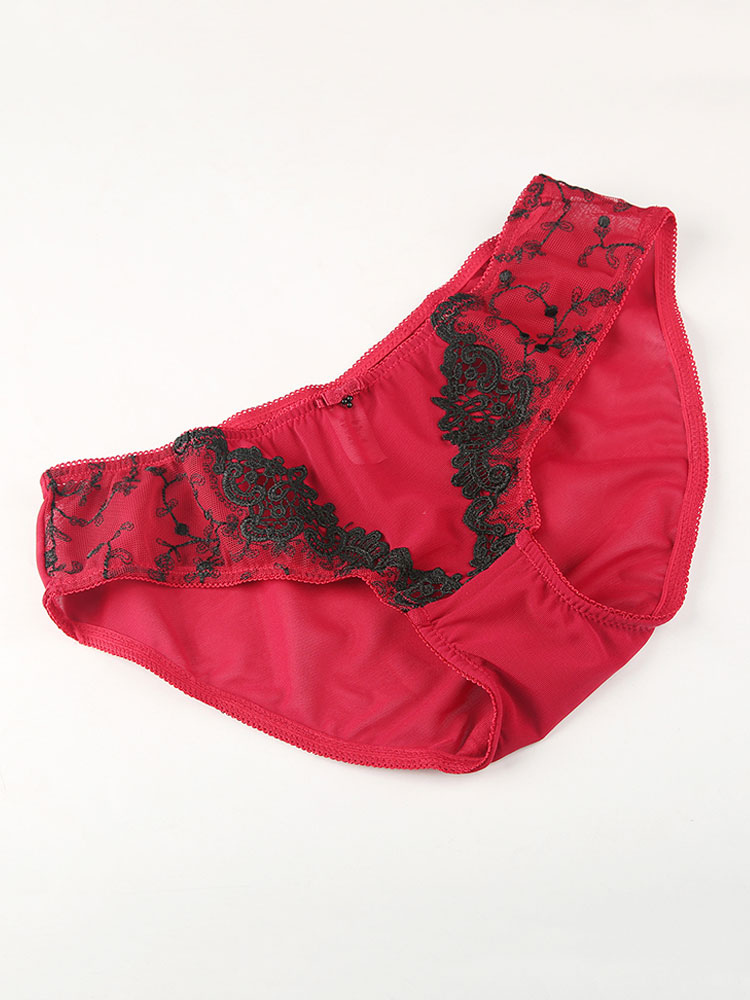 Women Sexy Panties Red Floral Print Lycra Spandex Embroidered Panties