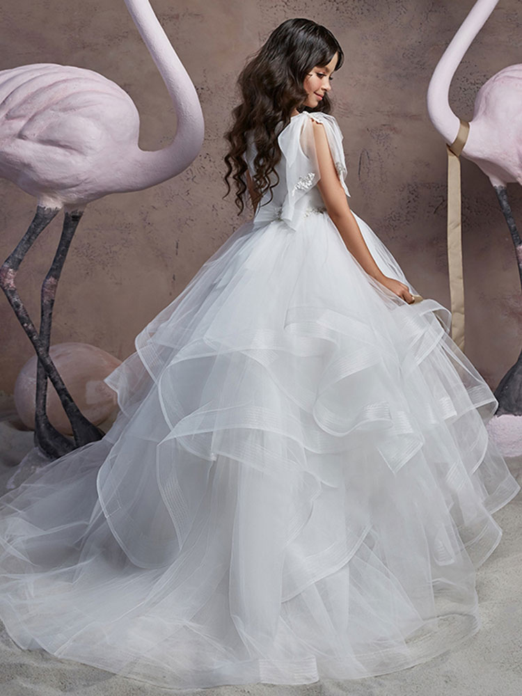 結婚式 子供ドレス フラワーガール 子供用フォーマルドレス Vネック ウェディングパーティードレス ポリエステル綿混紡 ノースリーブ ホワイト