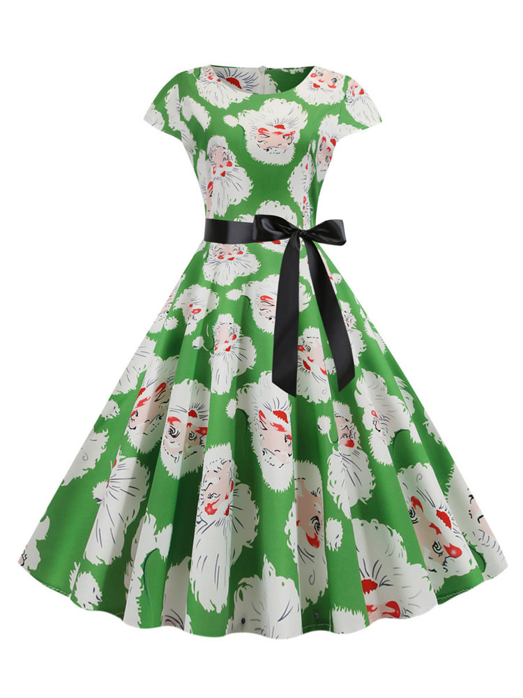 Robe vintage des années 1950 vert clair motif de femme de Noël modèle Swing Swing Dress