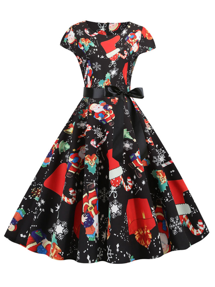 Robe vintage des années 1950 à manches courtes femme modèle de Noël robe Rockabilly