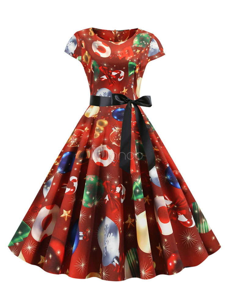 Robe rétro années 1950 rouge foncé motif de femme de modèle de Noël rouge à manches courtes robe Rockabilly