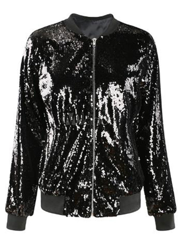 Women Jackets Jewel Neck Sequins Black Jacket For Women - Milanoo.com
