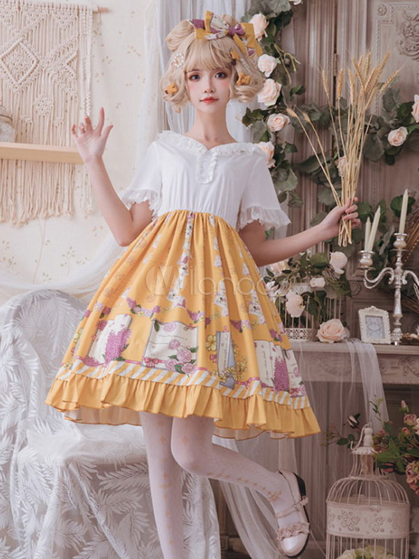 Sweet Lolita OP Dress Neverland Floral Print Yellow Cascading Ruffles ...