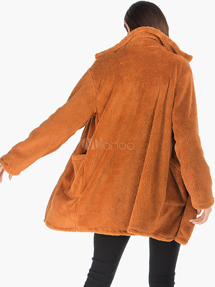 Faux Fur Coats Long Sleeves Casual Turndown Collar Camel Women Coat