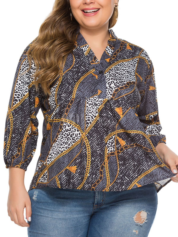 Plus Size Clothes For Women Printed Grey Polyester Shirt - Milanoo.com