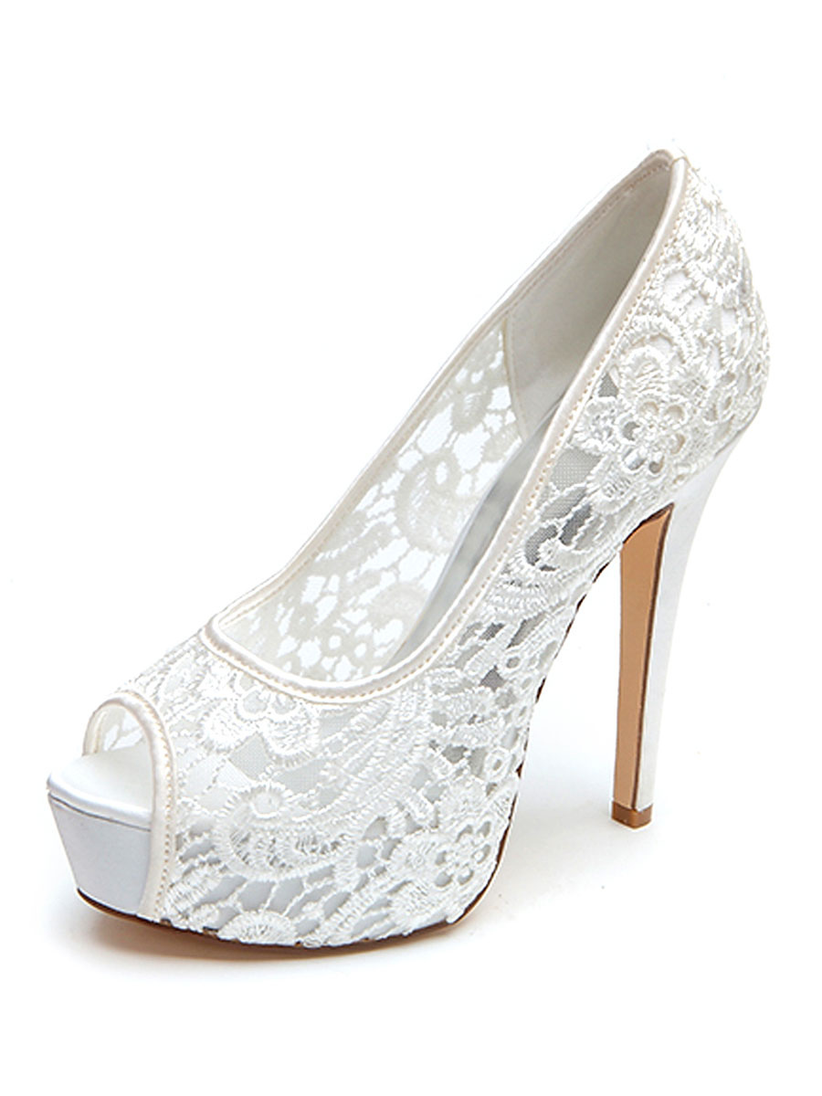 Wedding Shoes White Lace Peep Toe 