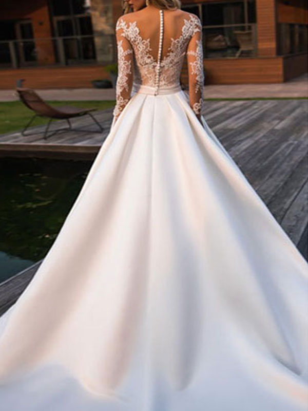 Wedding Dress Princess Silhouette Jewel Neck Long Sleeves Natural Waist