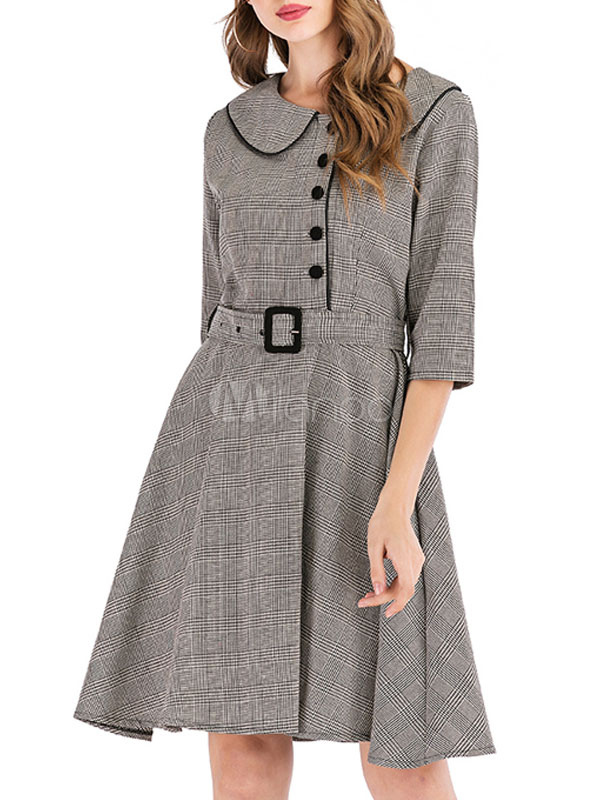 Vestiti Anni 50 donna Abiti Grigio abiti anni 50 scozzese Cocktail Abito a  pieghe cotone maniche a 3/4 Abbigliamento Donna - Milanoo.com