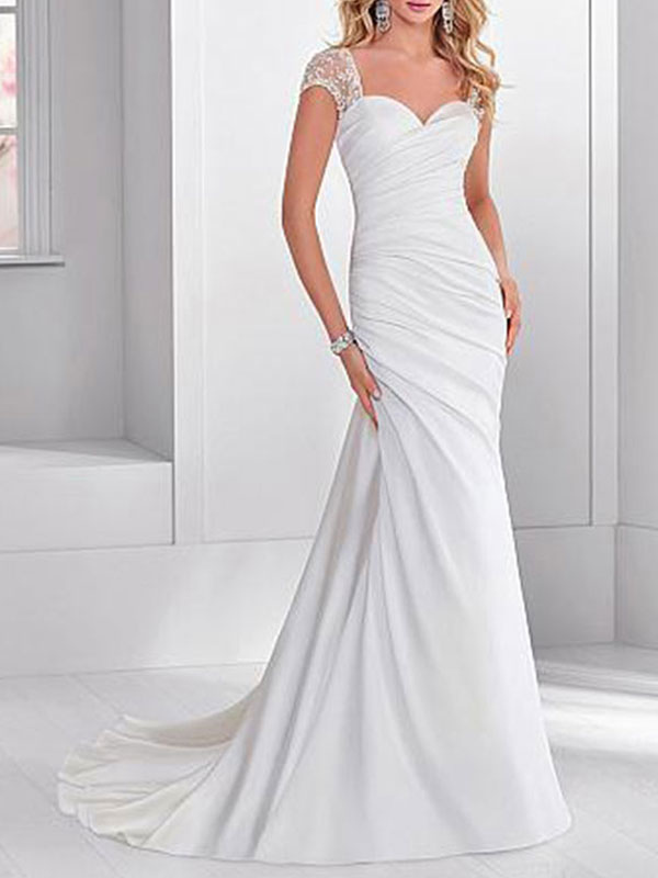 Mariage Robes de mariée | Robe de mariée simple blanche en crêpe élastique bustier laçage sur dos à traîne robe de mariage - BU91859