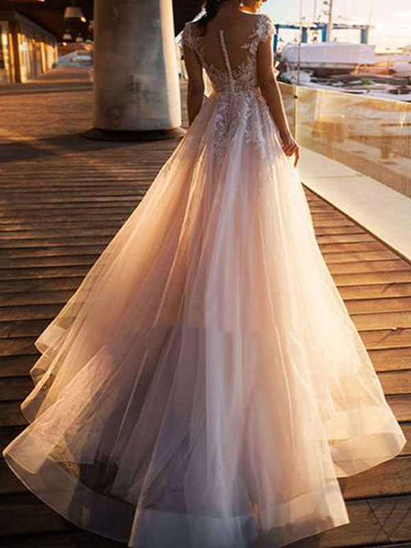 Wedding Dresses A Line Tulle V Neck Short Sleeves Lace Bridal Dresses ...