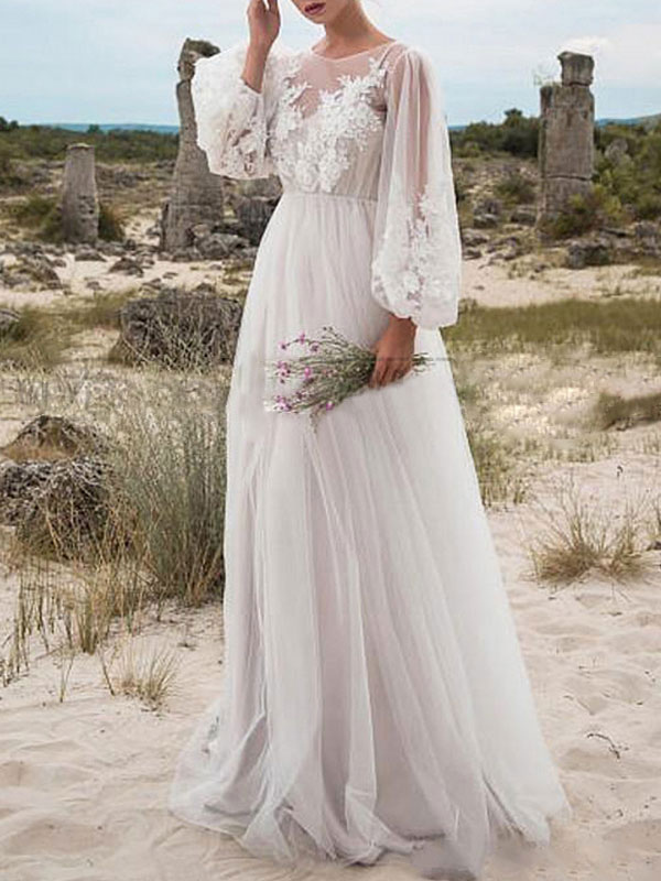 Mariage Robes de mariée | Robe de mariée simple ivoire en tulle col rond manche longue longueur au sol robe de mariage - IF73232