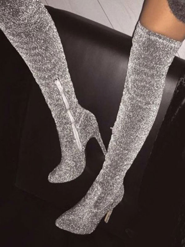 Thigh High Boots Womens Silver Sequined Cloth Pointed Toe Stiletto Heel ...
