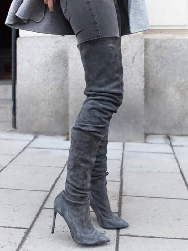Botas altas gris oscuro Piel sintética tacón de stiletto de puntera puntiaguada 12cm Color liso Otoño Invierno Cremallera - Milanoo.com
