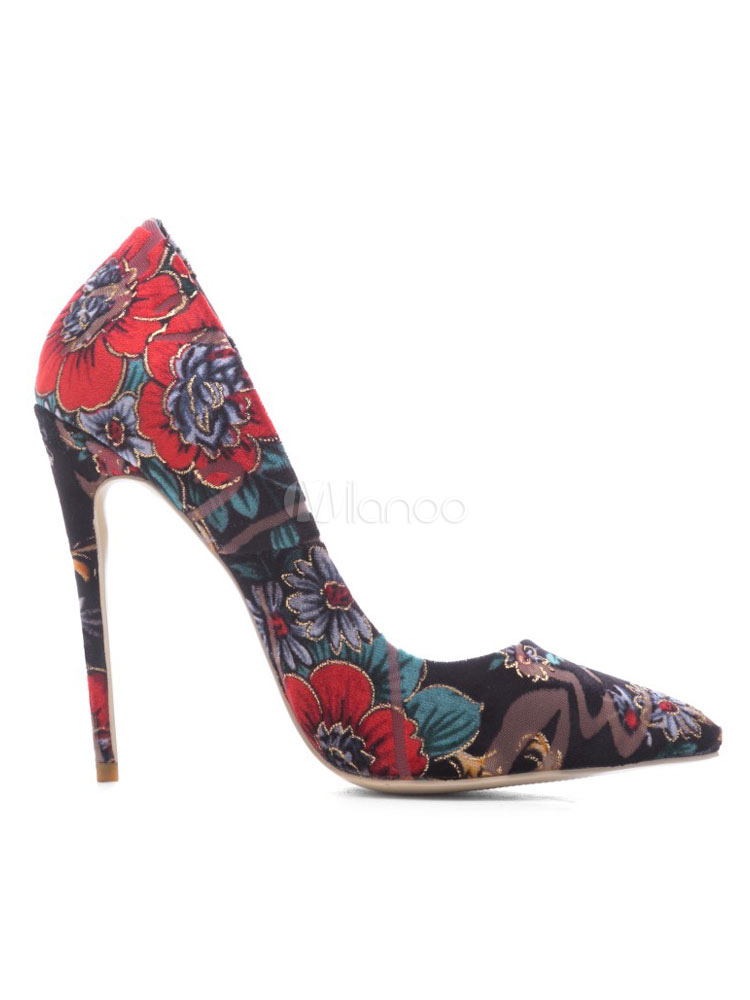 New Womens Pointy Toe Flower Slip On Pumps Stiletto Heels Floral Shoes Plus Size 