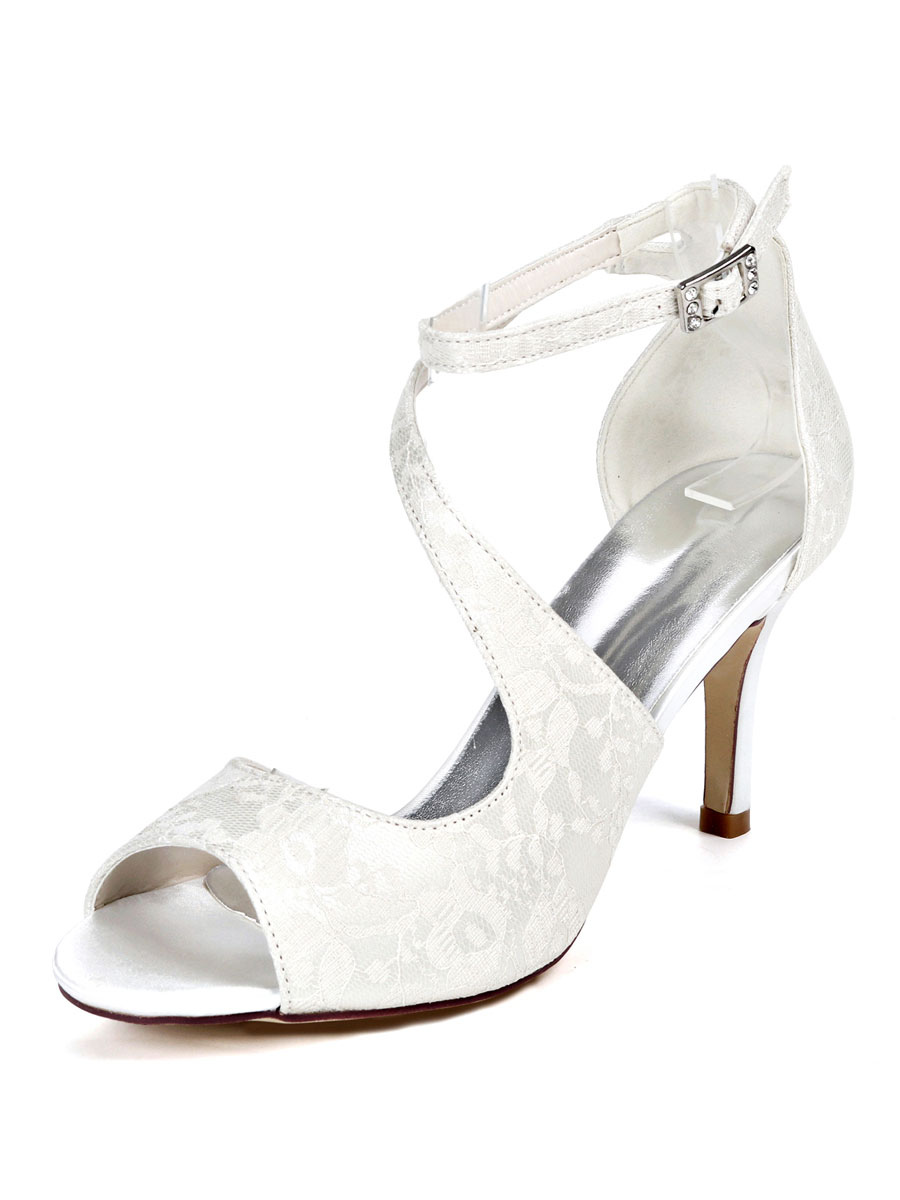 Zapatos de Fiesta | Zapatos de novia de encaje 8.5cm Zapatos de Fiesta Zapatos blancode tacón de stiletto Zapatos de boda de puntera abierta - AB14990