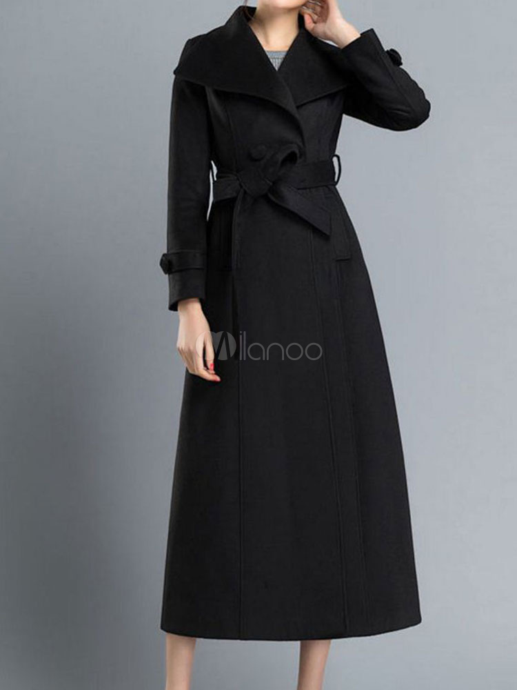 Woolen Coat Turndown Collar Lace Up Casual Oversized Black Woman ...