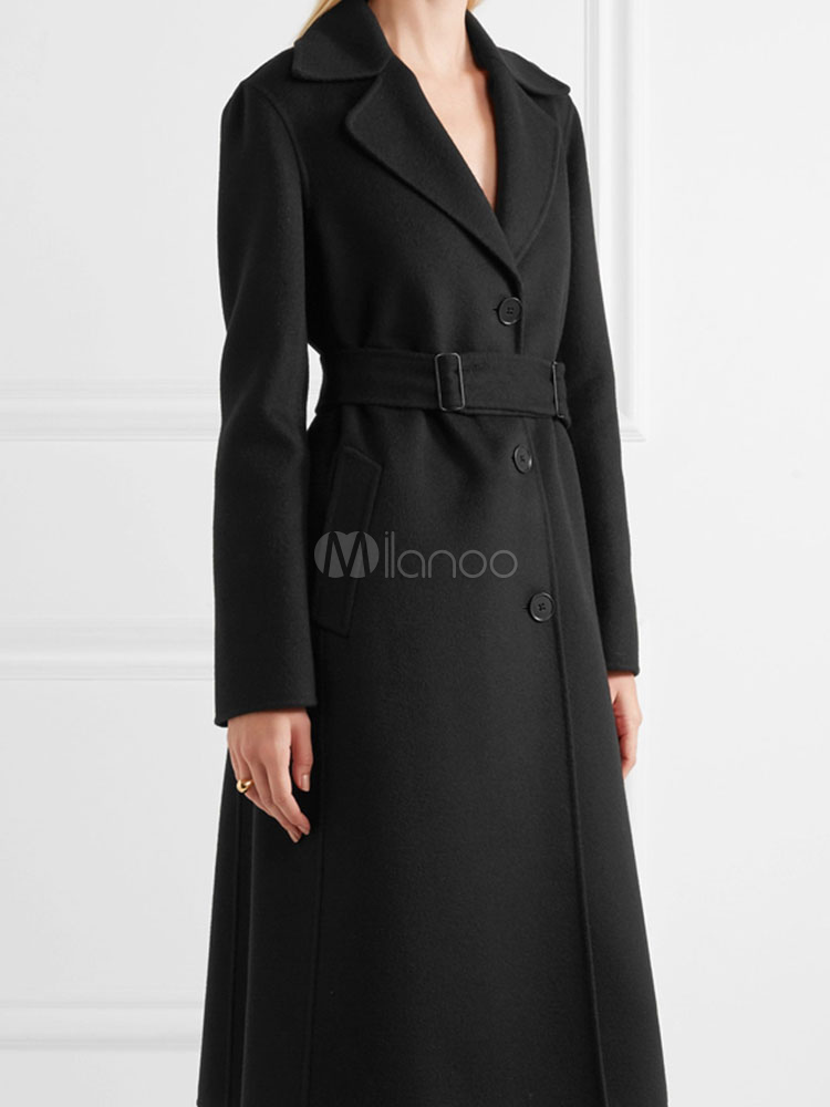 Black Wrap Coat Turndown Collar Lace Up Casual Oversized Coat For Woman ...