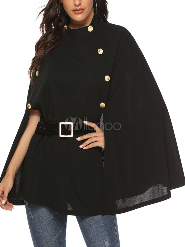 Poncho Femme Cape Noire Boutons Cape - Milanoo.com