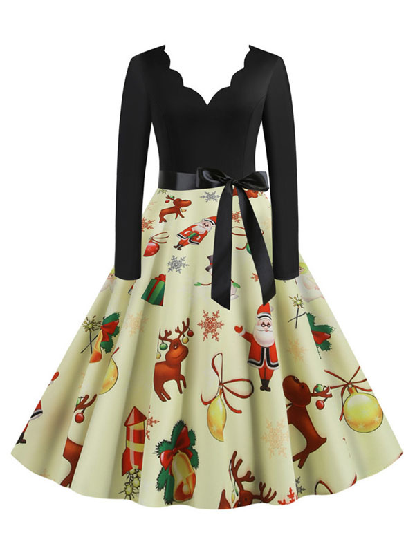 Robe vintage des années 1950 modèle de Noël d&#39;abricot femme manches longues conçue décolleté robe Rockabilly