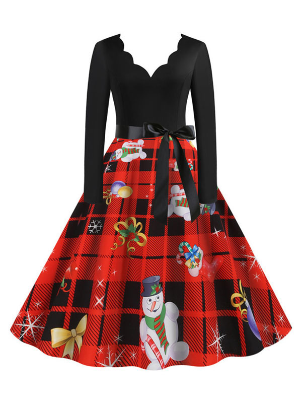 Robe vintage des années 1950 rouge motif de Noël manches longues robe Rockabilly encolure festonnée