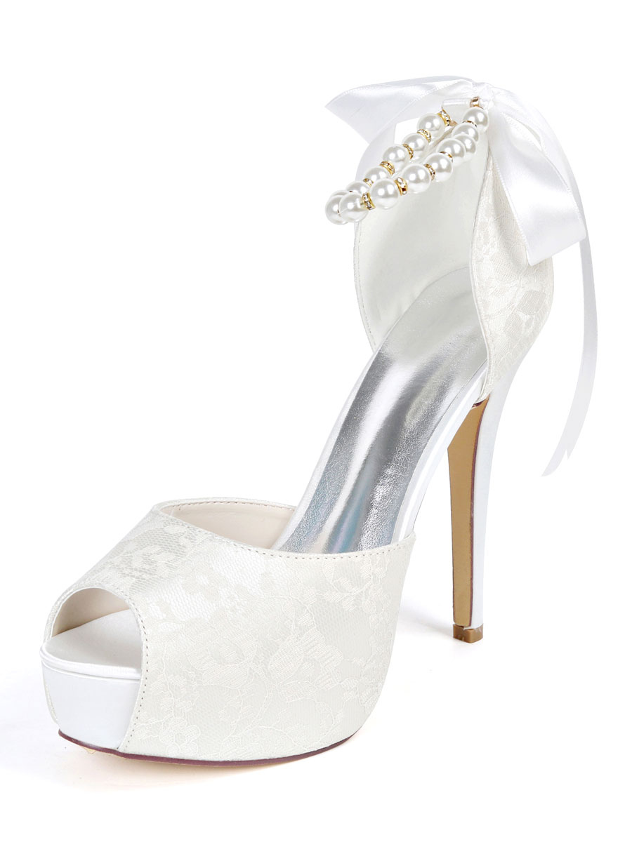 Zapatos de Fiesta | Zapatos de novia de encaje Zapatos de Fiesta de tacón de stiletto Zapatos blancoZapatos de boda de punter Peep Toe 12.5cm con perlas 2.5cm - WZ45744