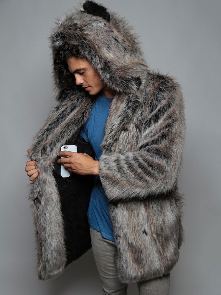 Men's Hooded Faux Fur Coats Fuzzy Jackets Overcoats - Milanoo.com