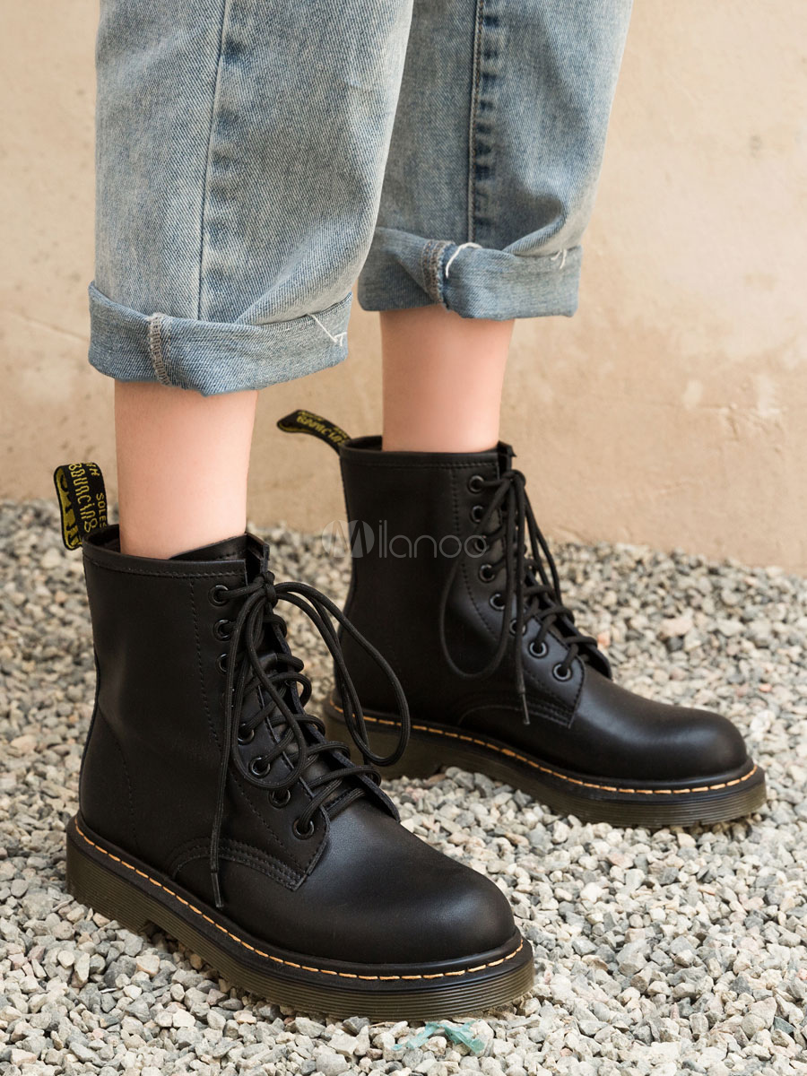 Women Cowhide Leather Combat Boots Lace Up Flat Booties - Milanoo.com