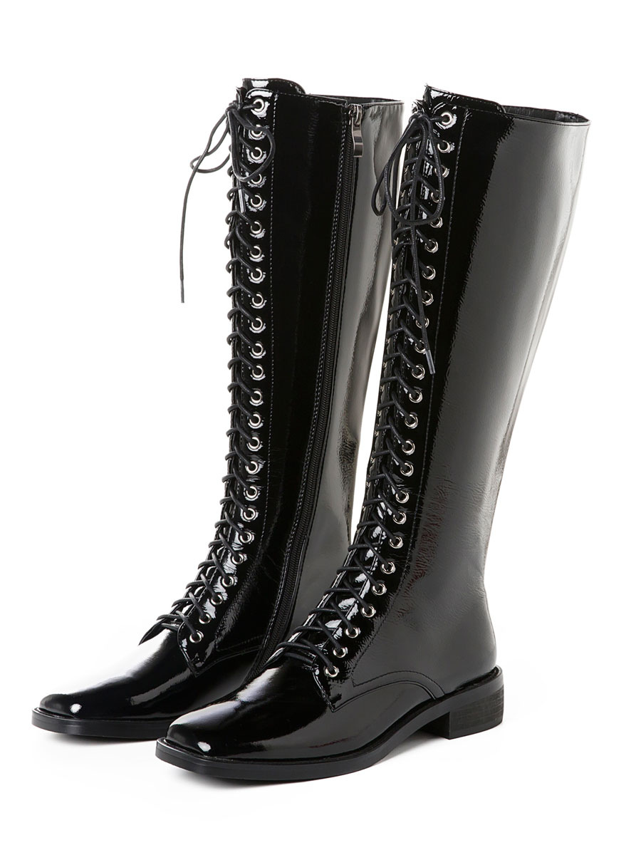 patent knee high flat boots