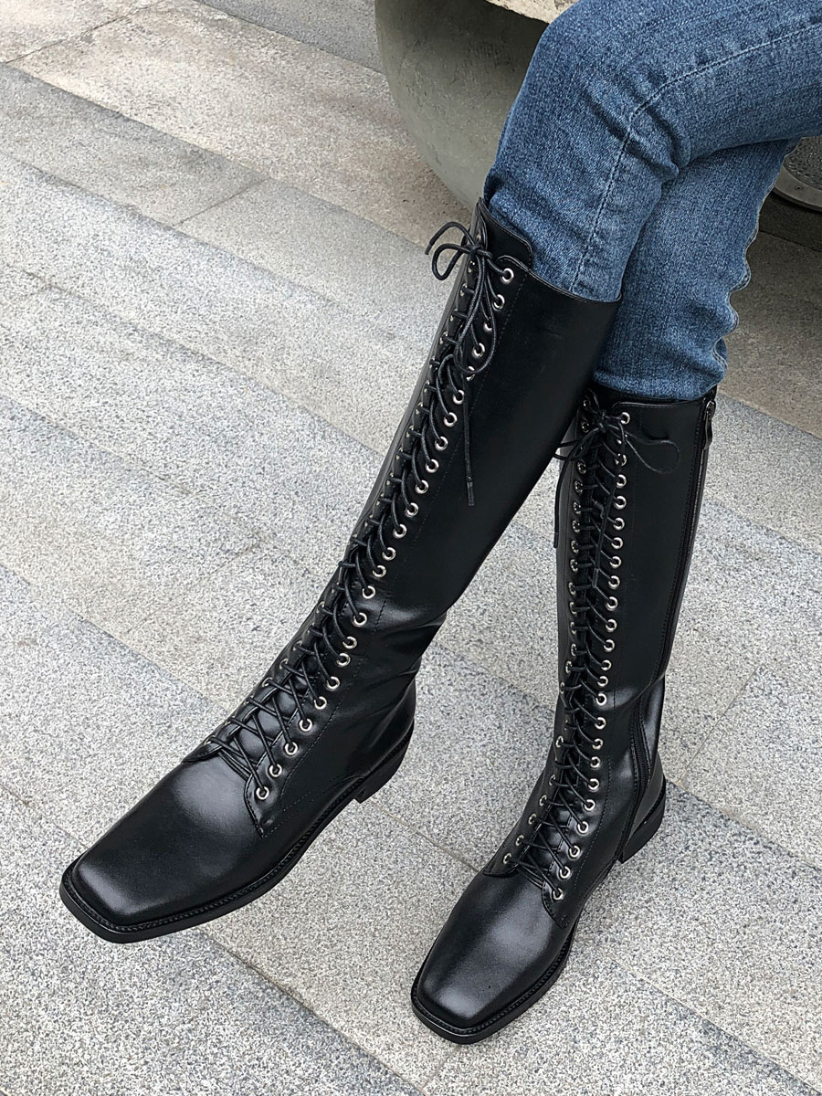 Leather Knee-High Combat Boots Cowhide Square Toe Flat Lace Up Boots ...