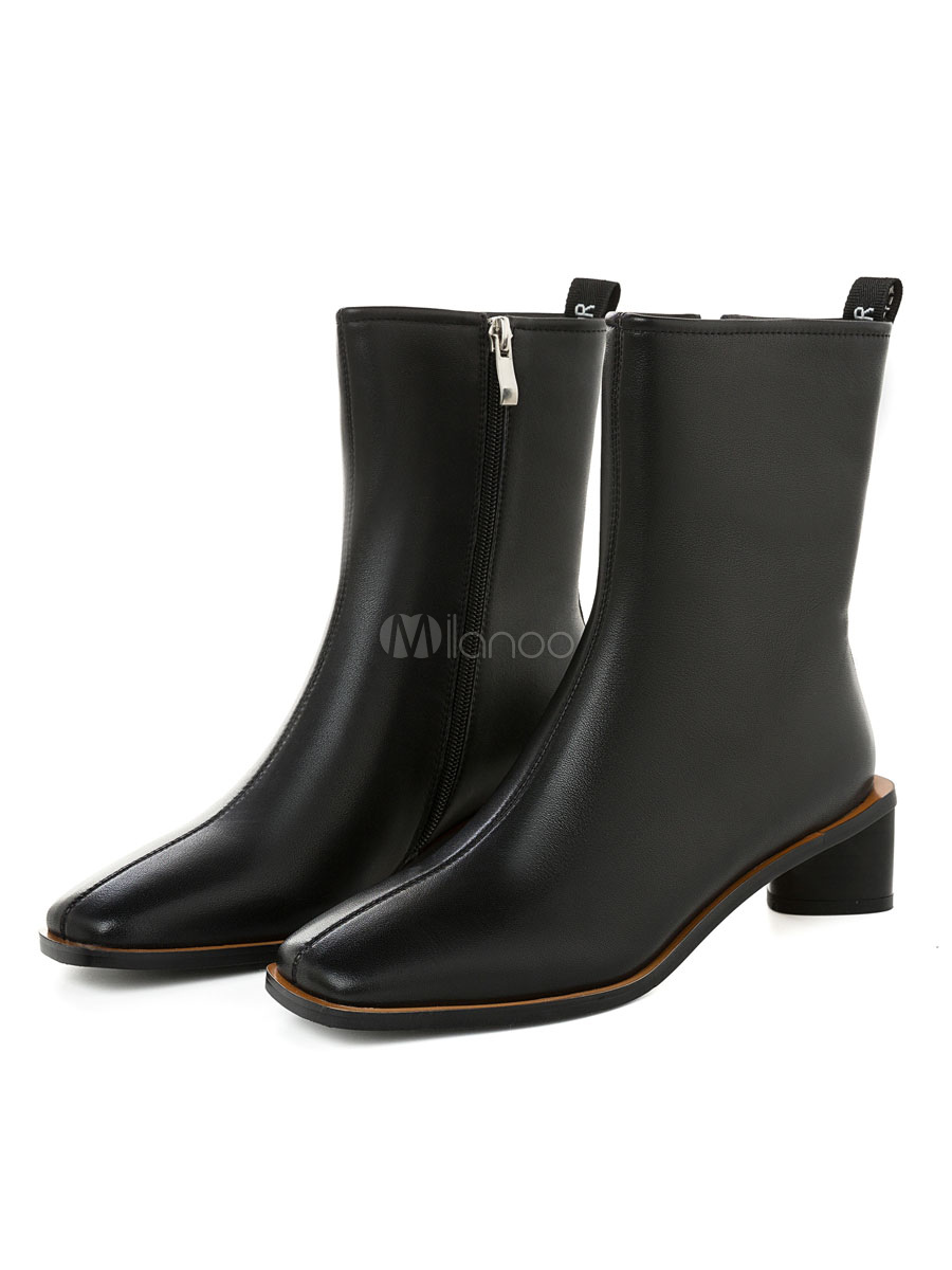 Botines de piel de vaca para mujer Botines con punta cuadrada de cuero  genuino Botines de tacón grueso de 2 \