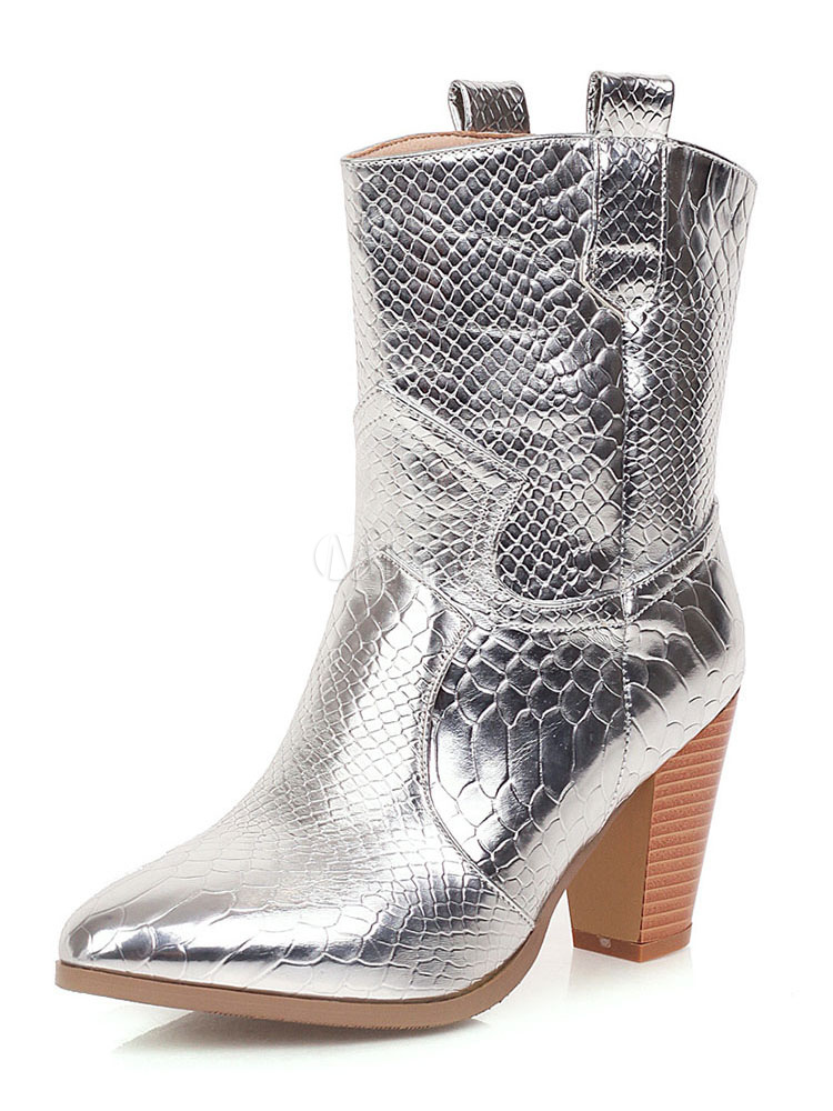 Botines con estampado de cocodrilo para mujer Botines con punta puntiaguda  Tacón grueso 3 \