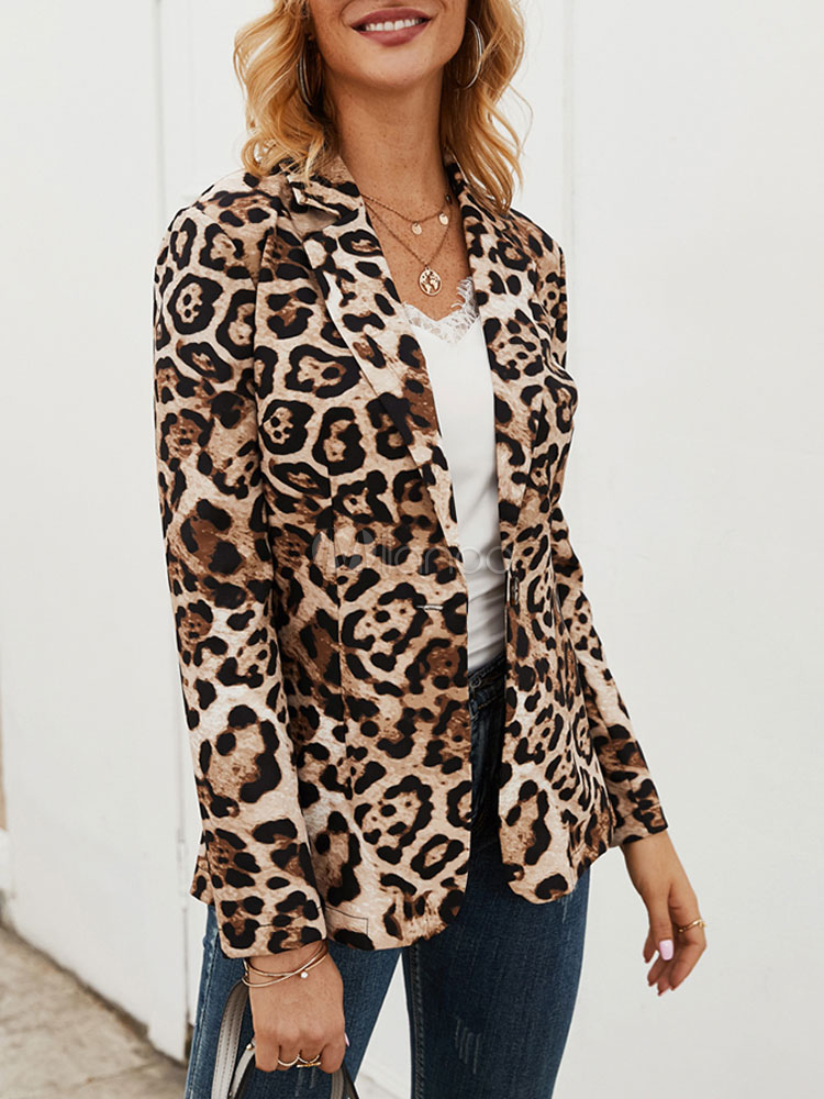 Blazer For Women Modern Leopard Print Turndown Collar Buttons Long ...