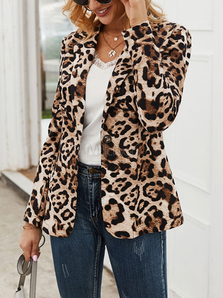 Blazer For Women Modern Polyester Leopard Print Turndown Collar Buttons ...