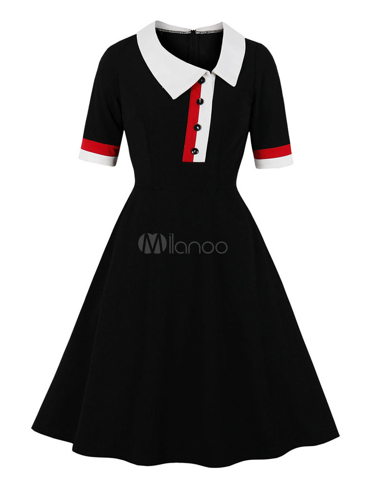 レトロワンピース カラーブロック 1950年代 ロカビリー ワンピース ブラック ヴィンテージワンピース 五分袖 ボタン セーラーカラー コットン レディースワンピース 二次会 発表会 お呼ばれ レディースファッション Milanoo Jp