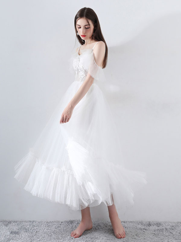 Boda Vestidos de novia | Vestido de novia corto 2022 Una línea de cuello en V Manga corta Vestidos de novia de longitud de té - FQ57208