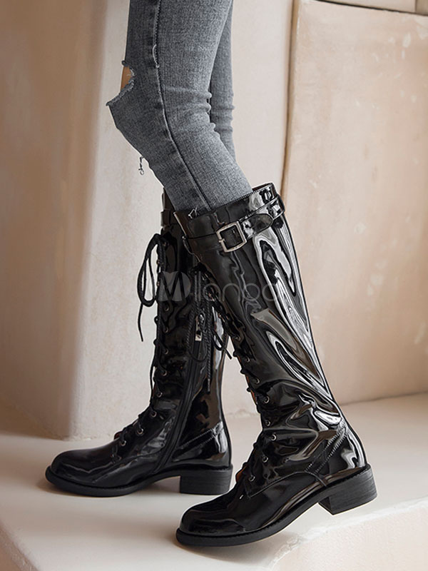black leather lace boots womens