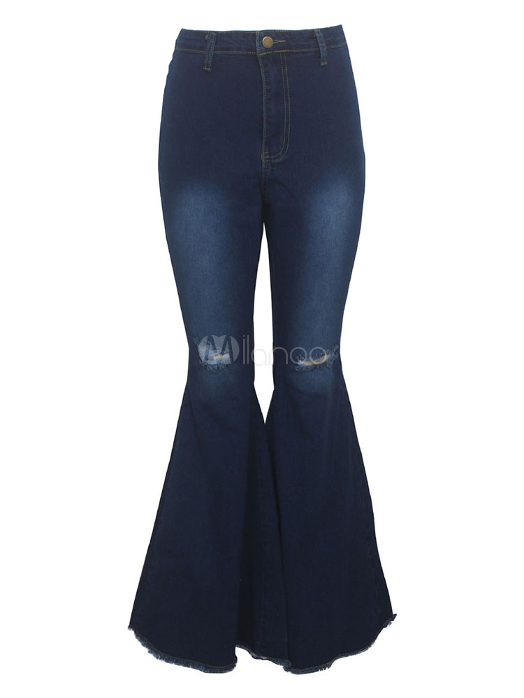 Bell Bottom Jeans Woman Ripped Raised Waist Flared Leg Pants - Milanoo.com