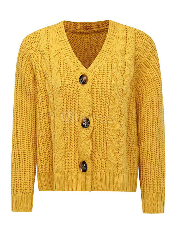 Sweater Cardigans Yellow Button Up Cable Knit Long Sleeves Knitted ...
