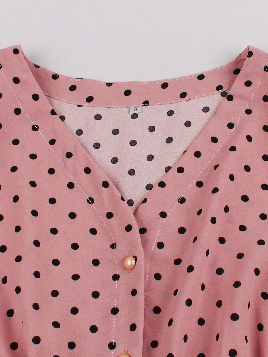 Women's Clothing Dresses | Vintage Dress Women Pink Polka Dot Long Sleeve Buttons 1950S Retro Dresses - EZ29249