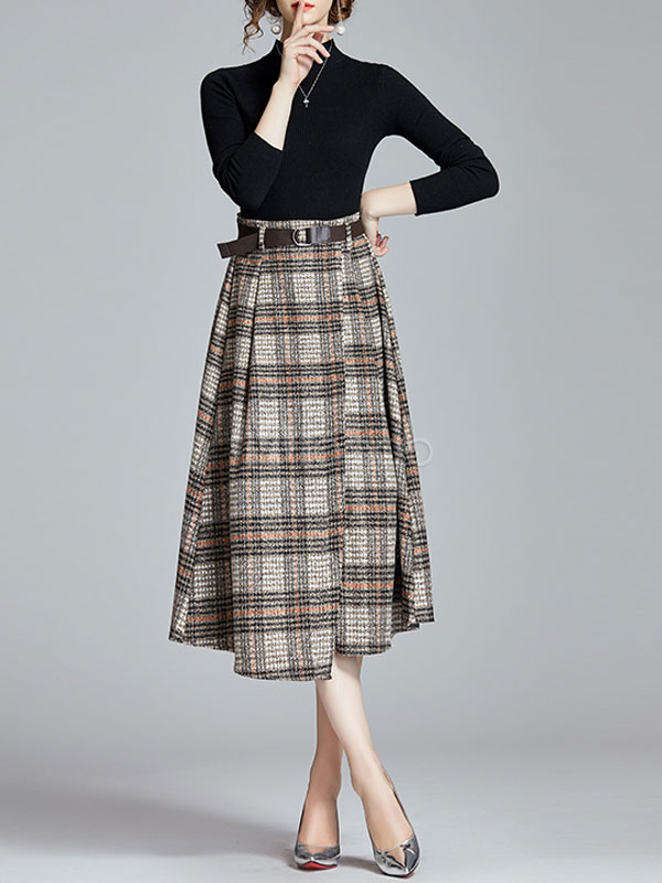 Two Piece Sets Black Polyester High Collar Plaid Pleated Classic Long ...