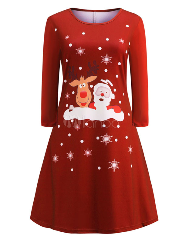 Vintage Dress Womens Christmas Pattern Jewel Neck Long Sleeve 1950s ...