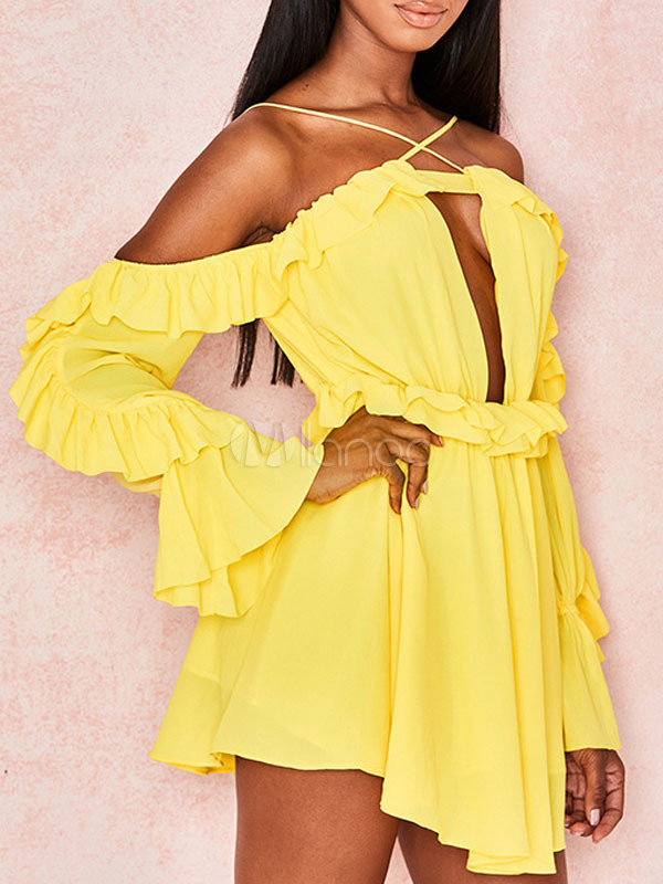 Summer Dress Yellow Straps Neck Ruffles Chiffon Beach Dress