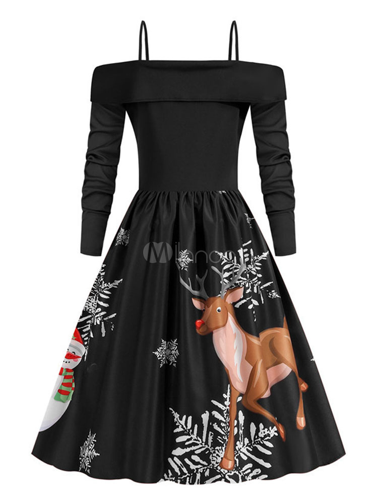 Christmas Retro Dress 1950s Black Floral Print Open Shoulder Woman ...