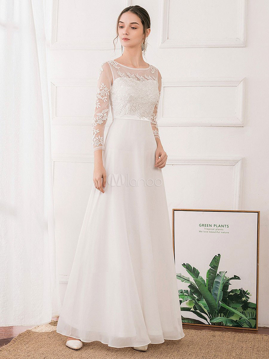 Simple Wedding Dress 2020 A Line Jewel Neck Long Sleeve Floor Length Bridal Gowns