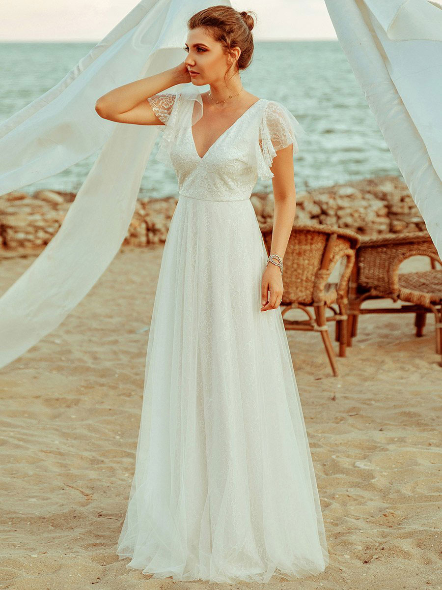 Robe de mariée blanche en dentelle col V manche courte zip sur dos longueur au sol robe de mariage