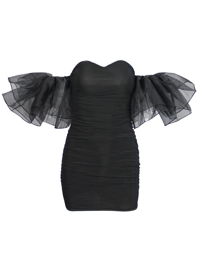 black dress with white ruffle sleeves