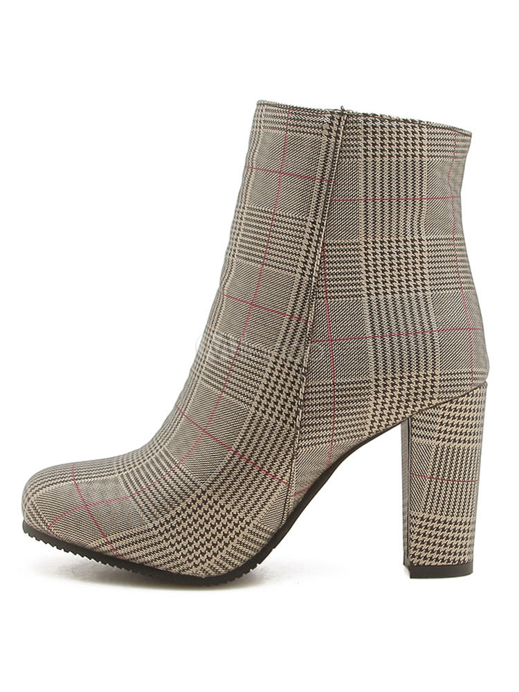 Women Ankle Boots Check Pattern Square Toe 3.3