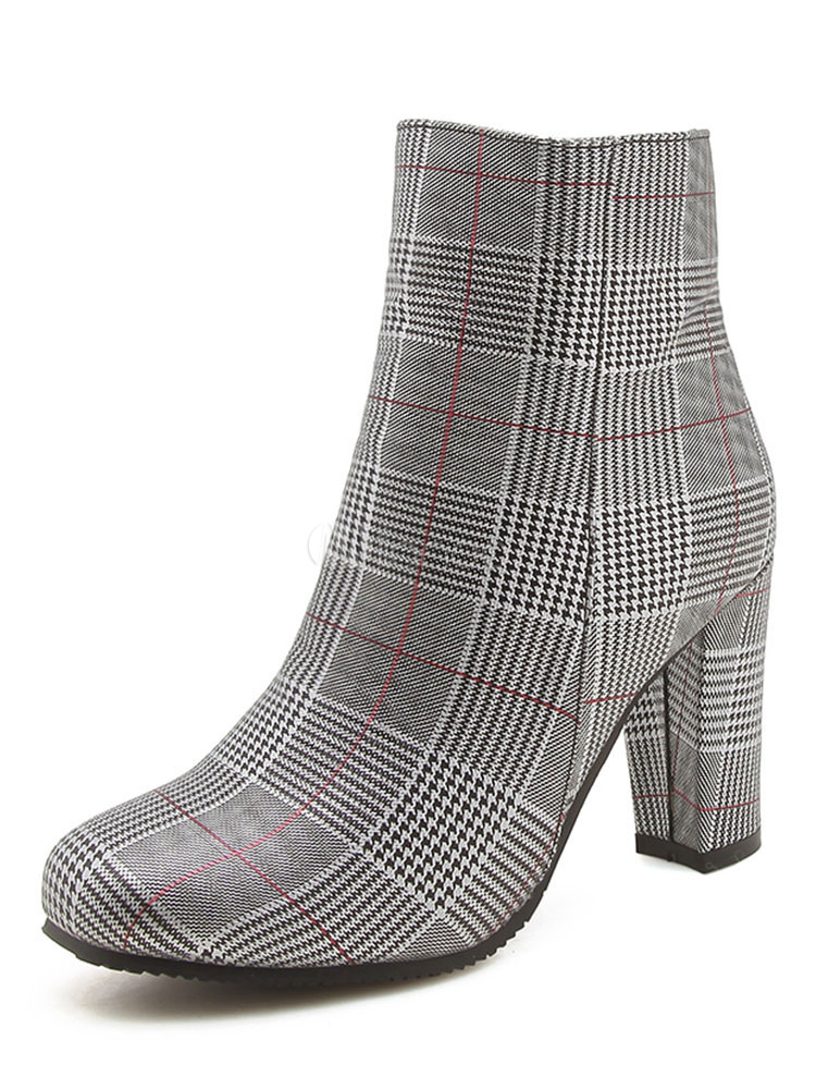 Women Ankle Boots Check Pattern Square Toe 3.3